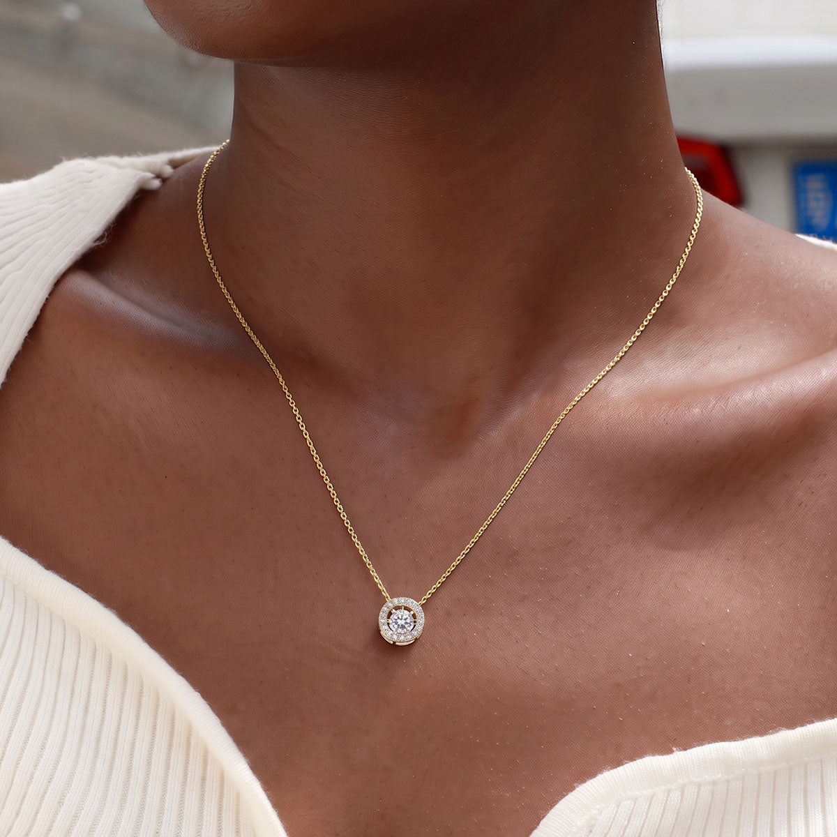 Moissanite Halo Open Circle Pendant Necklace - Gold