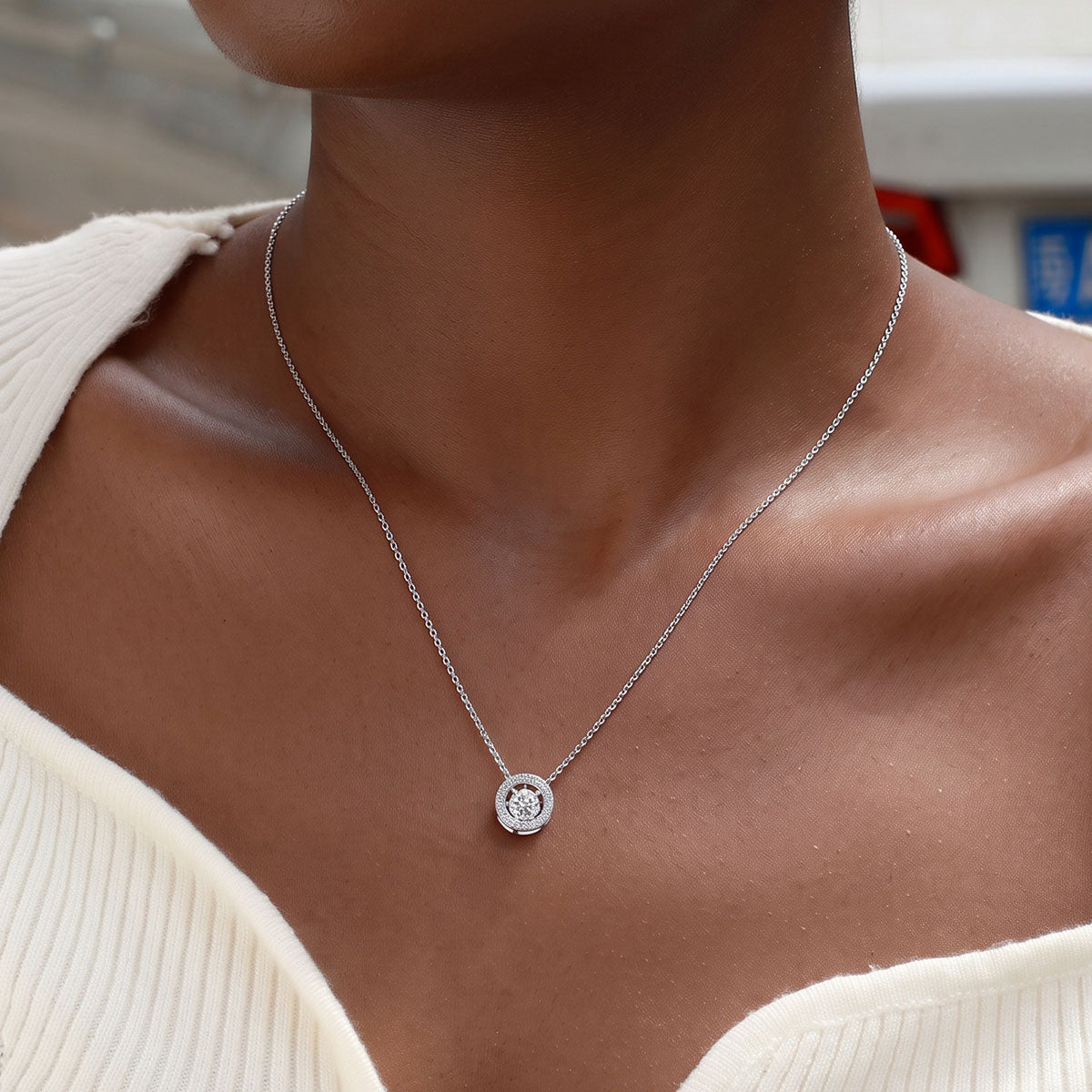 Moissanite Halo Open Circle Pendant Necklace - Silver