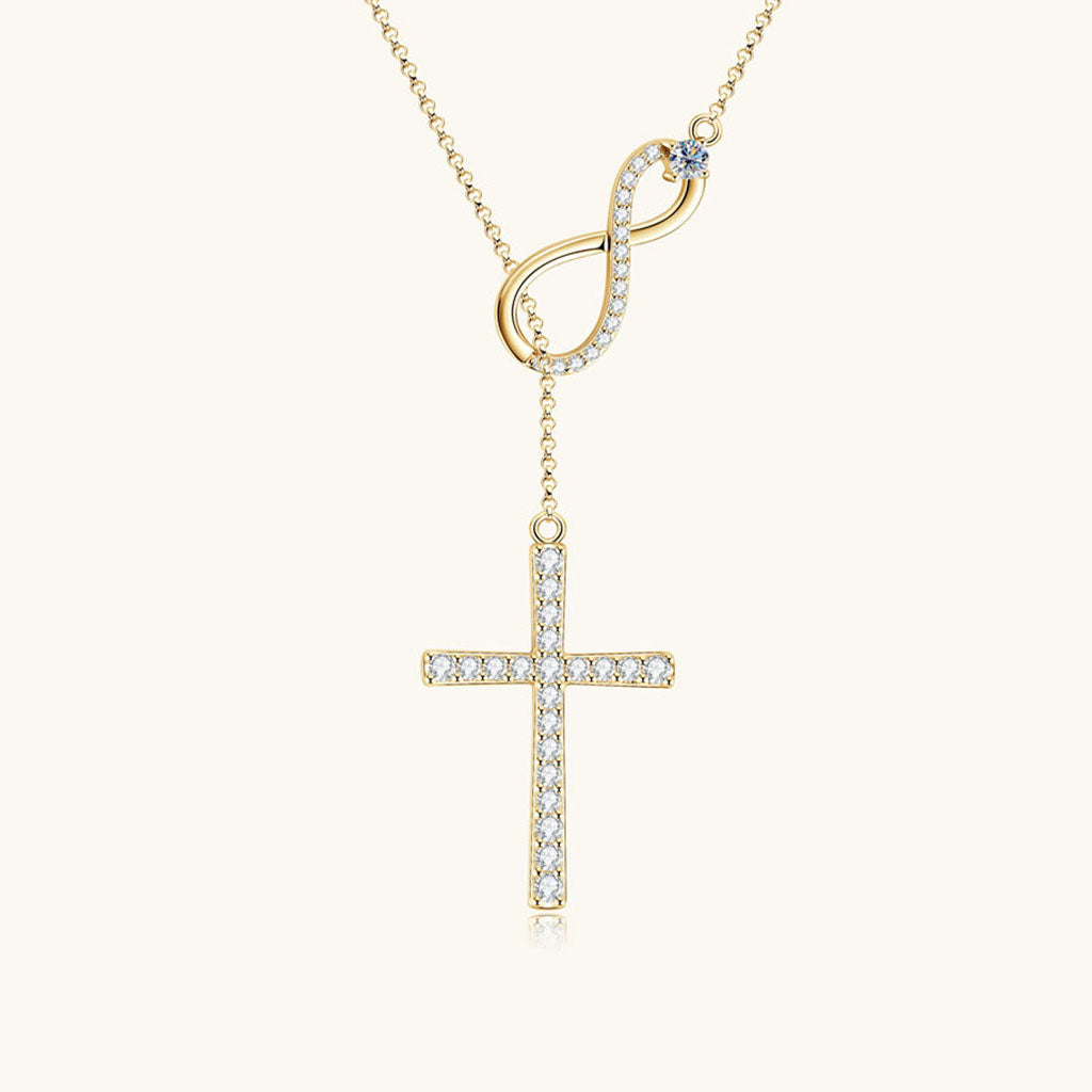 Moissanite Infinity Cross Lariat Necklace - Gold