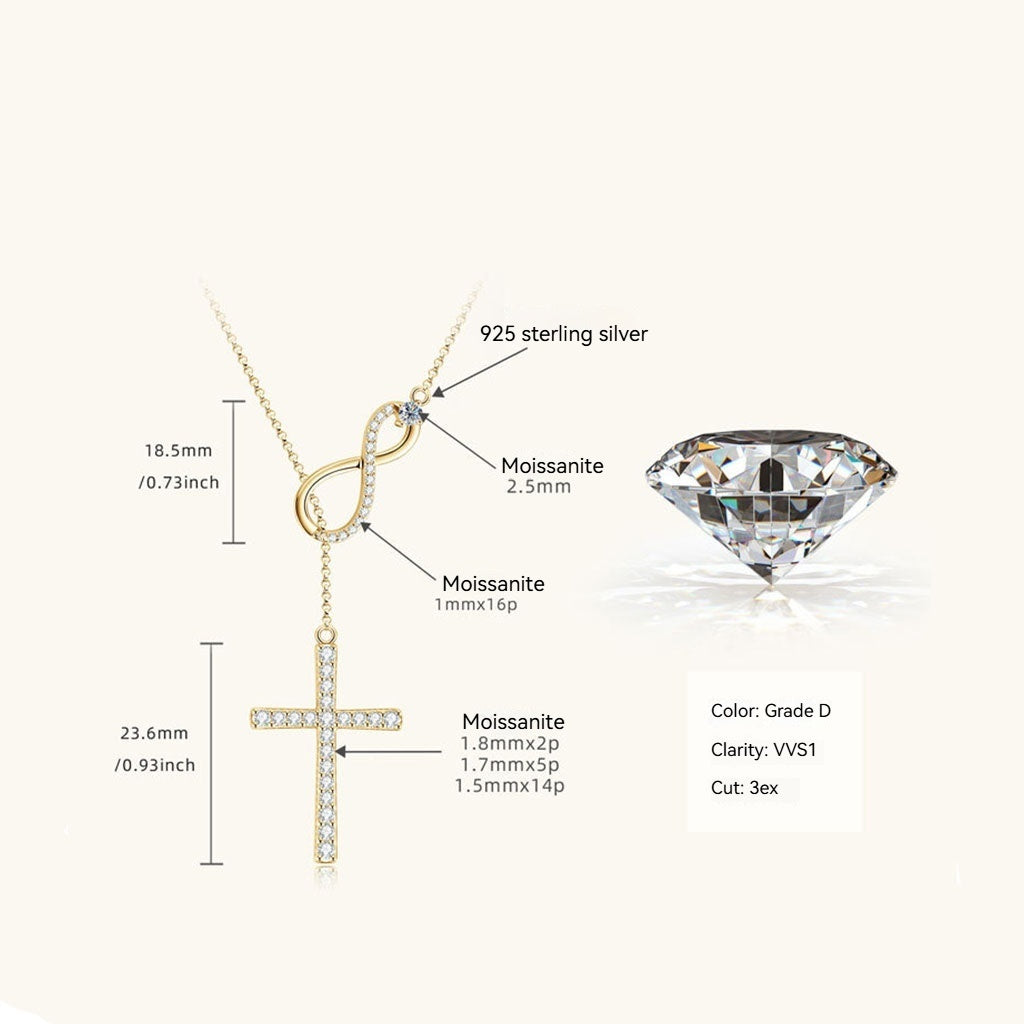 Moissanite Infinity Cross Lariat Necklace - Gold