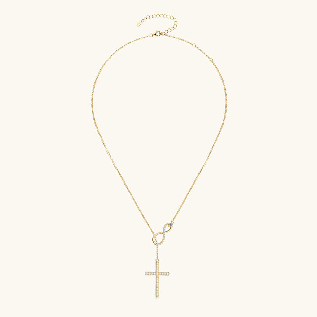 Moissanite Infinity Cross Lariat Necklace - Gold