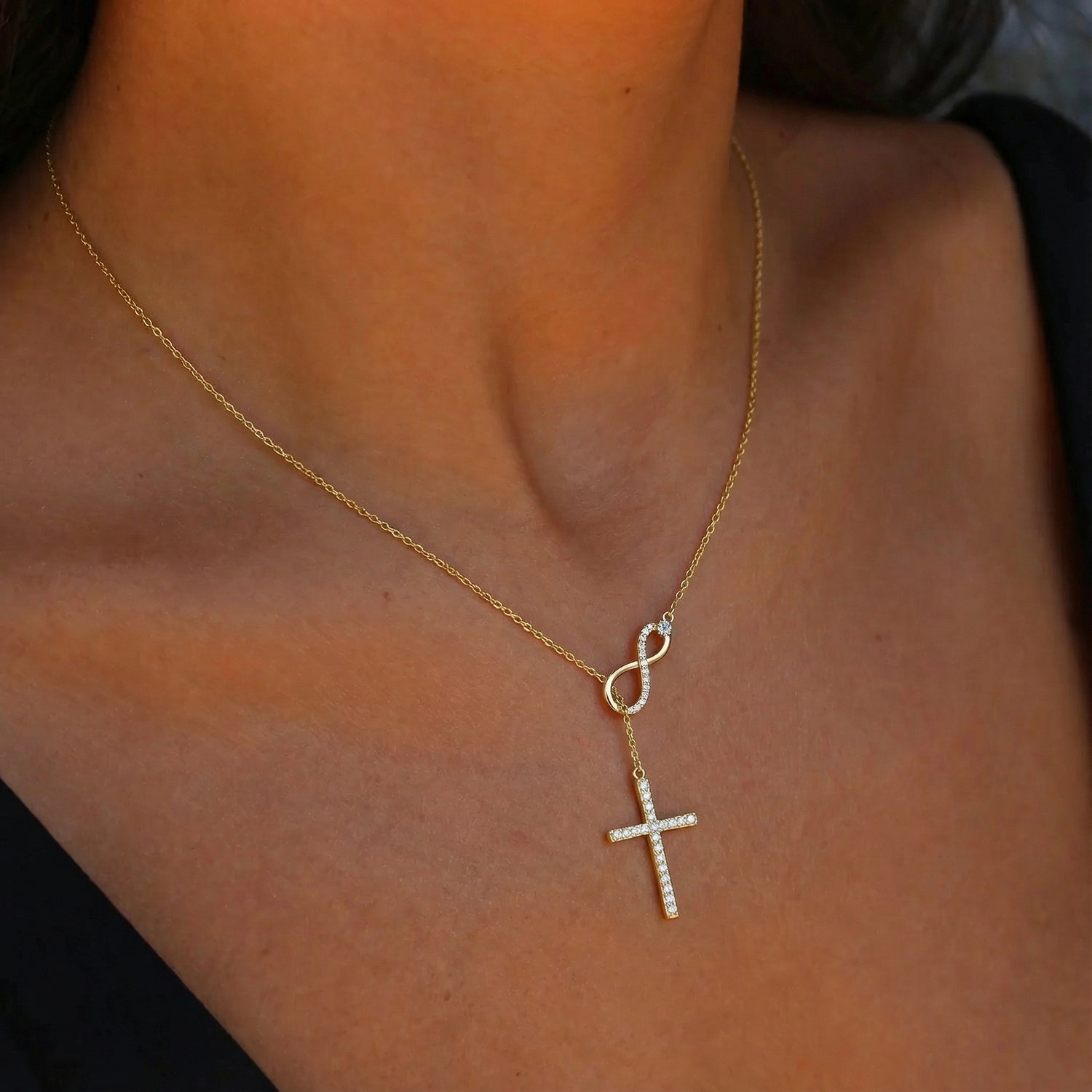 Moissanite Infinity Cross Lariat Necklace - Gold