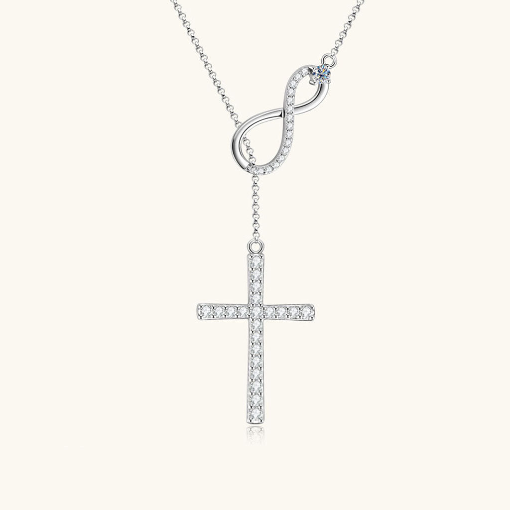 Moissanite Infinity Cross Lariat Necklace - Silver