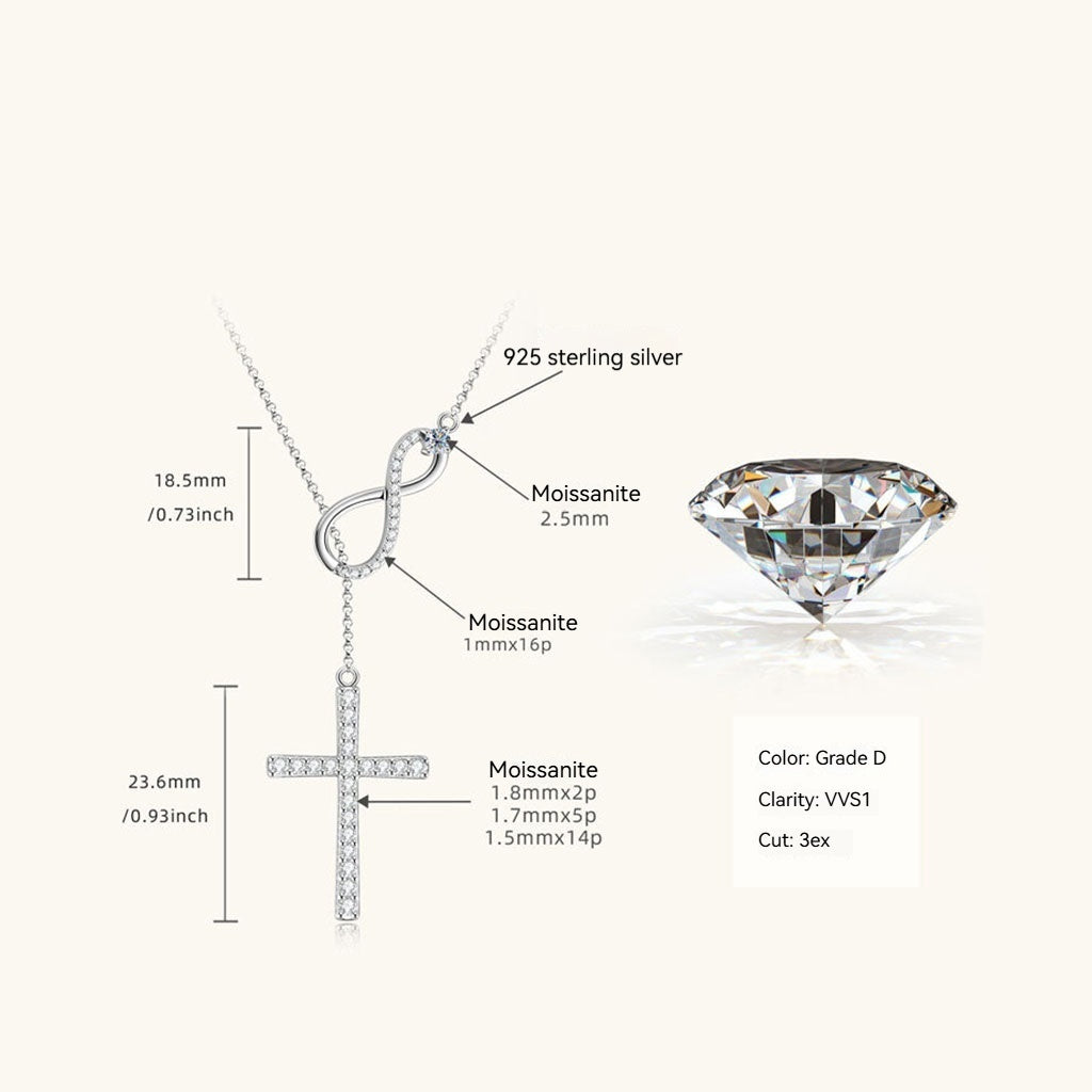 Moissanite Infinity Cross Lariat Necklace - Silver