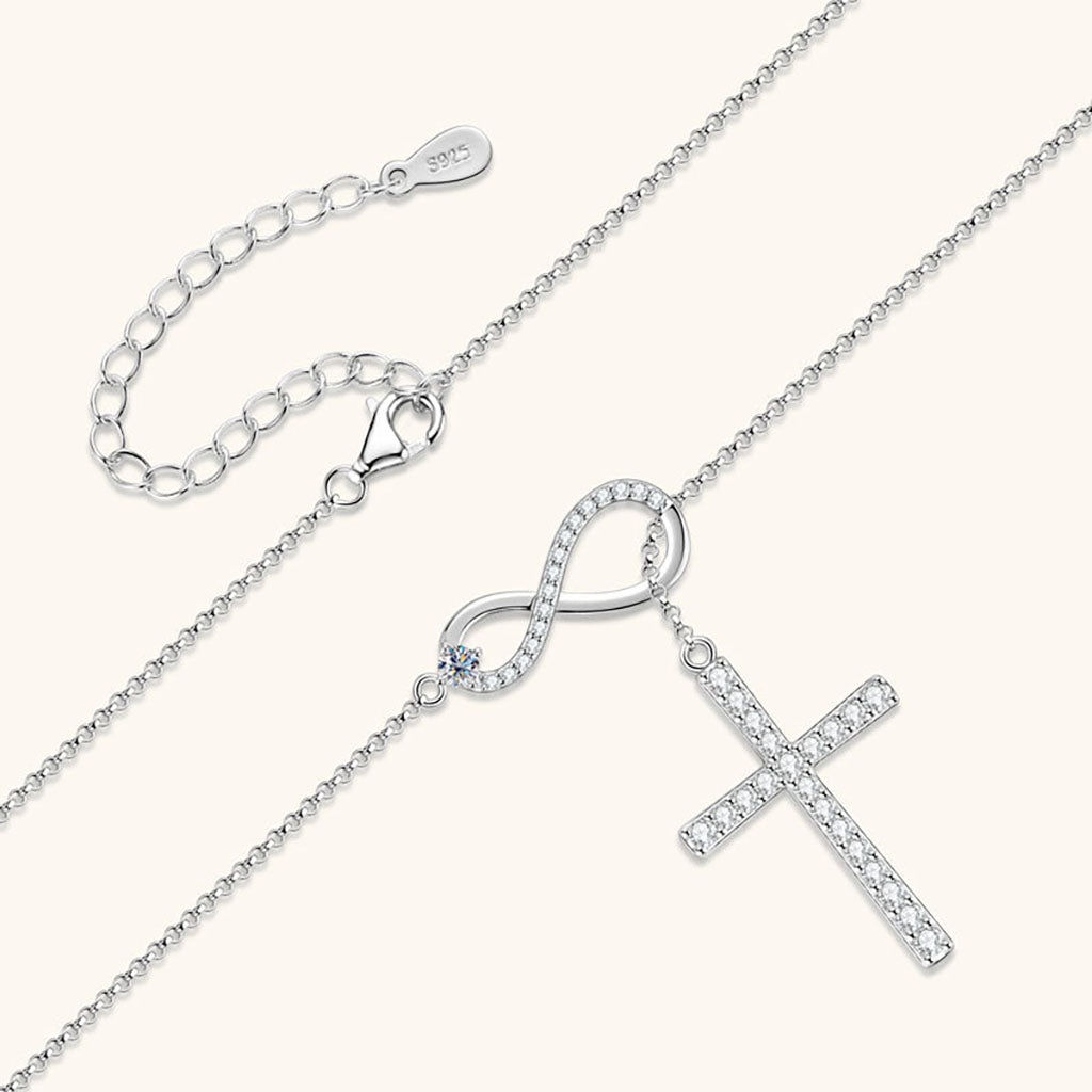 Moissanite Infinity Cross Lariat Necklace - Silver
