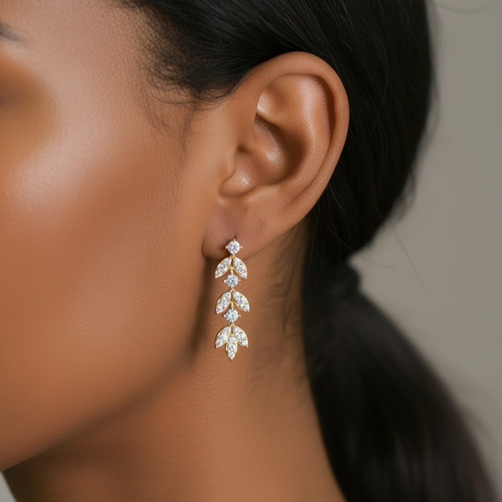 Moissanite Leaf Cascade Drop Earrings - Gold