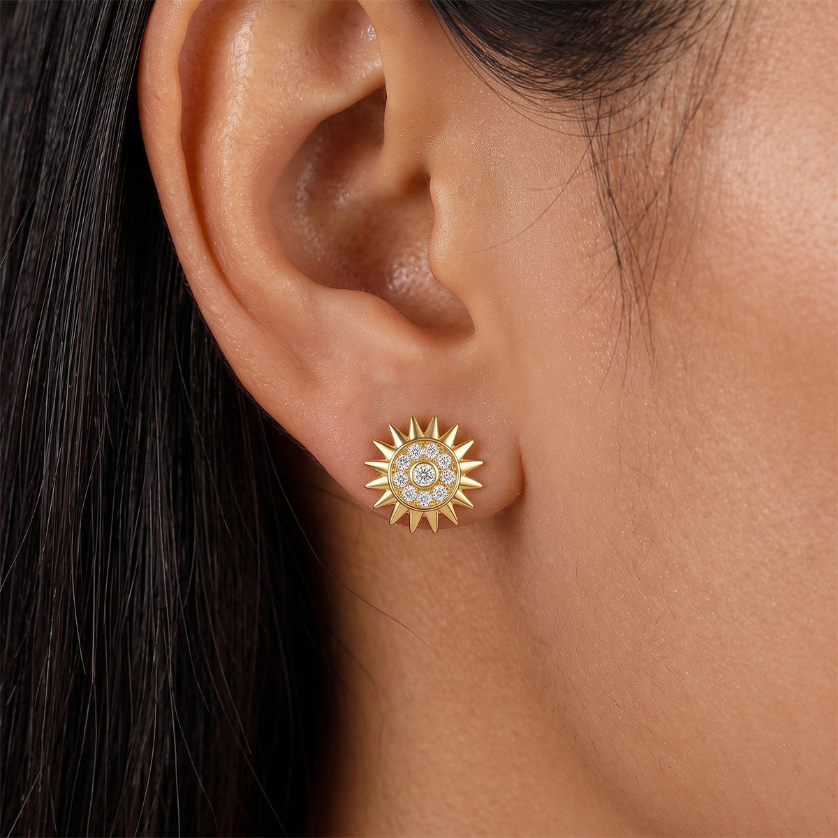 Moissanite Sunburst Halo Stud Earrings - Gold