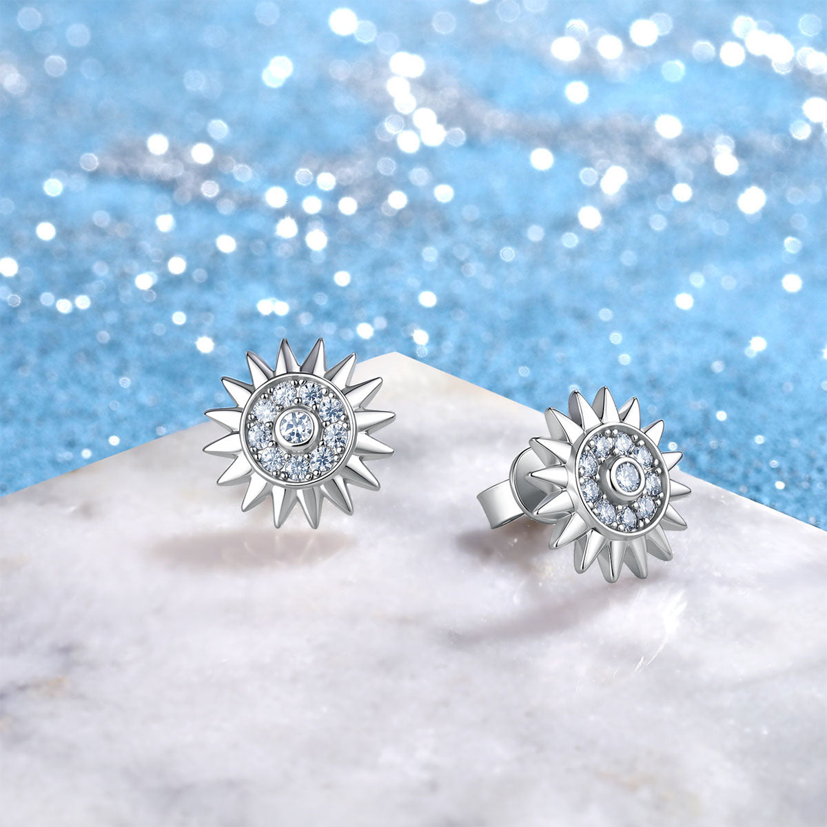 Moissanite Sunburst Halo Stud Earrings - Silver