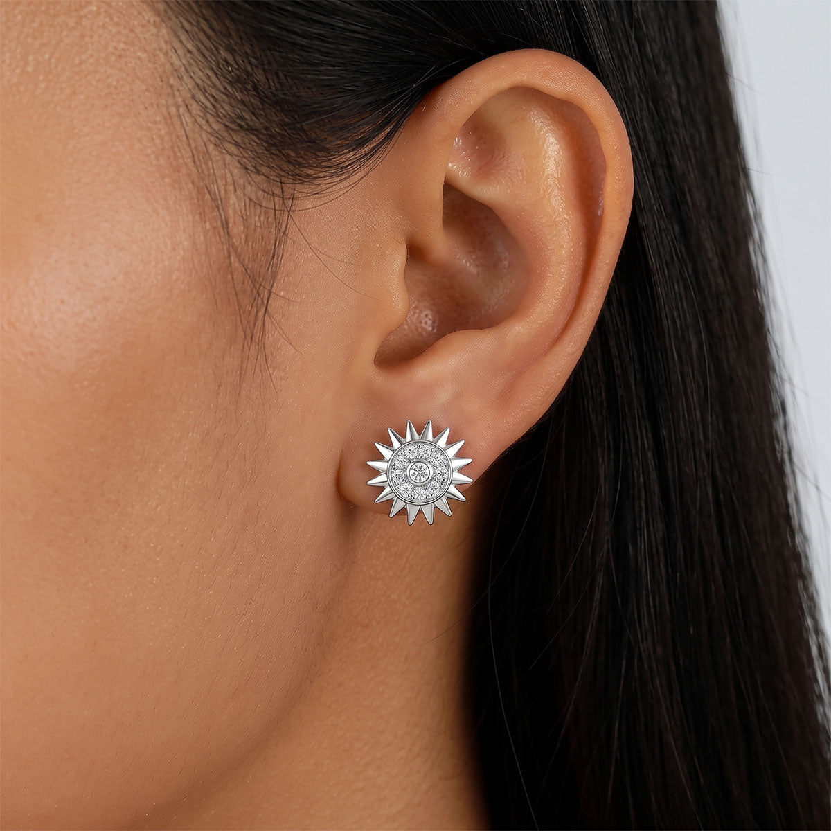Moissanite Sunburst Halo Stud Earrings - Silver