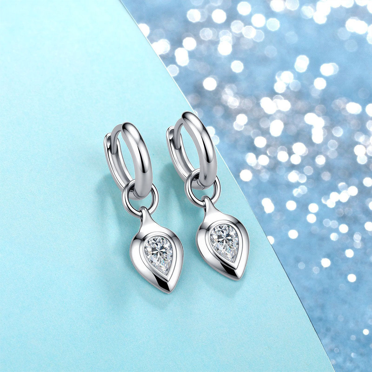 Moissanite Teardrop Huggie Hoop Earrings - Silver