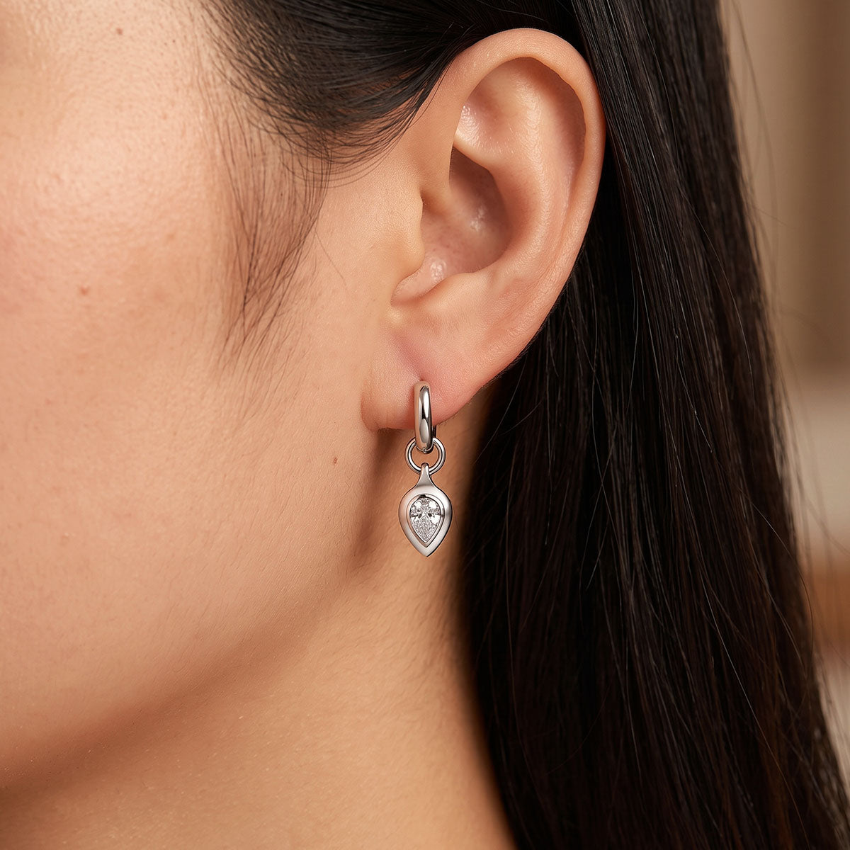 Moissanite Teardrop Huggie Hoop Earrings - Silver