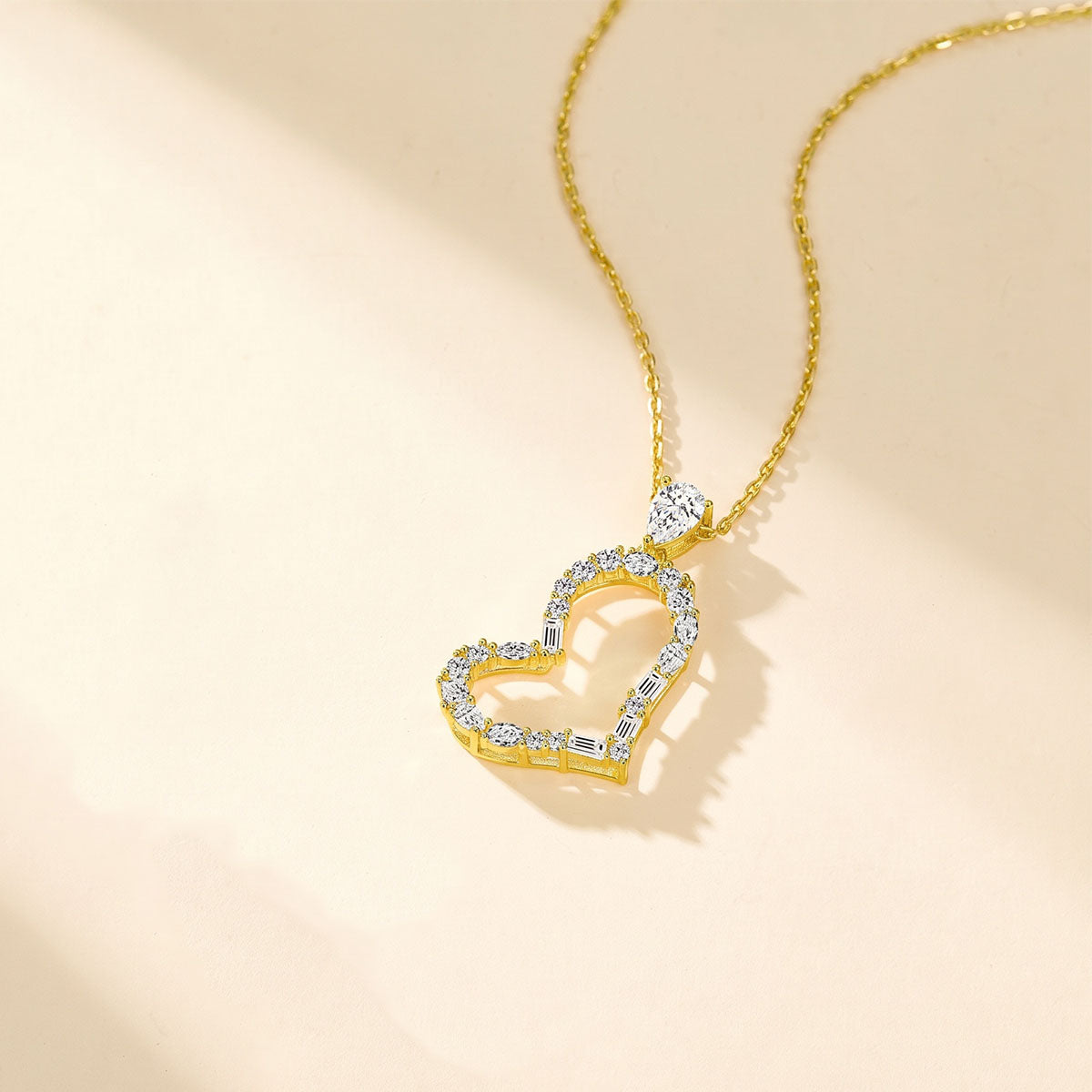 Multi Moissanite Open Heart Pendant Necklace - Gold