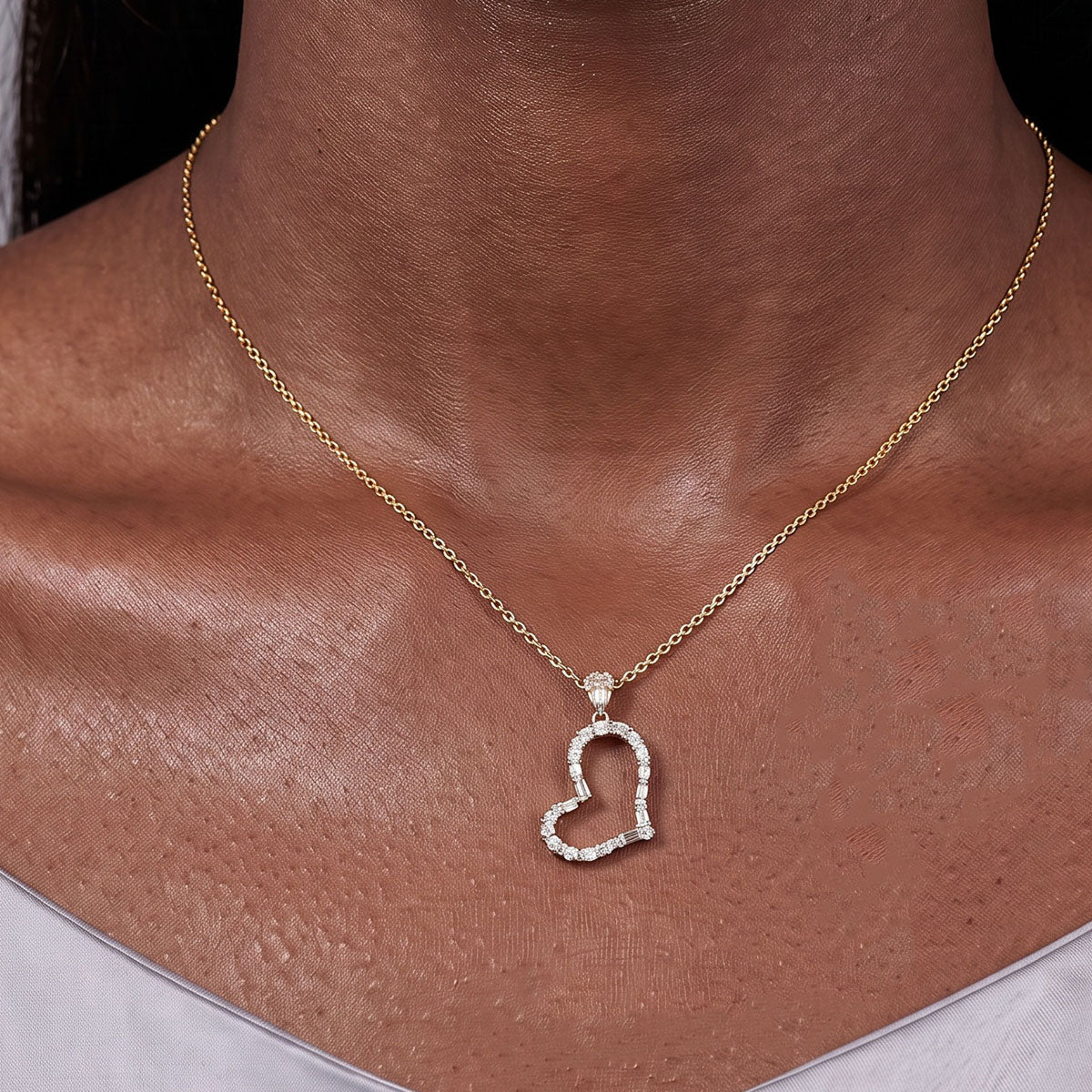 Multi Moissanite Open Heart Pendant Necklace - Gold
