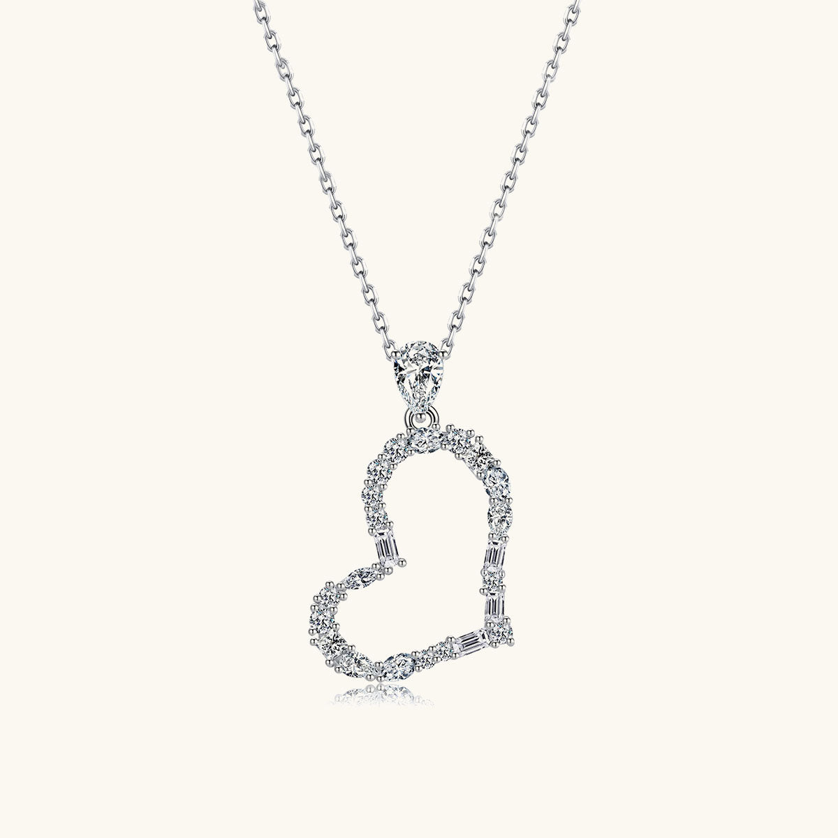 Multi Moissanite Open Heart Pendant Necklace - Silver
