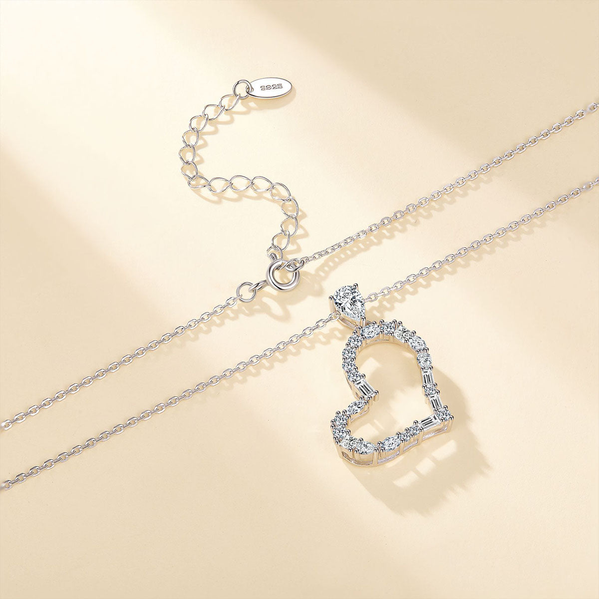 Multi Moissanite Open Heart Pendant Necklace - Silver