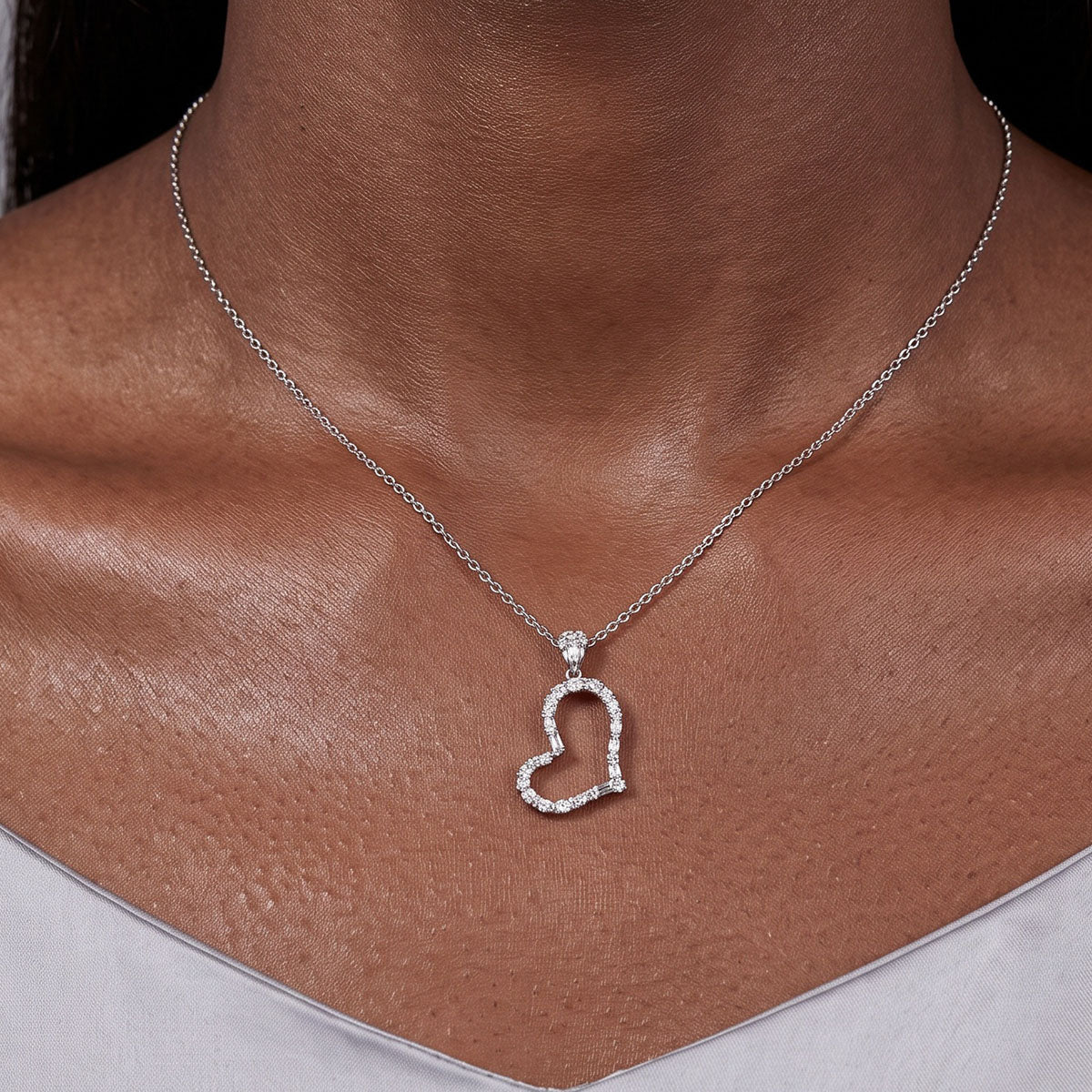 Multi Moissanite Open Heart Pendant Necklace - Silver