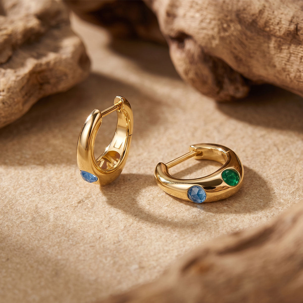Multicolor Stone Organic Huggie Hoop Earrings - Gold