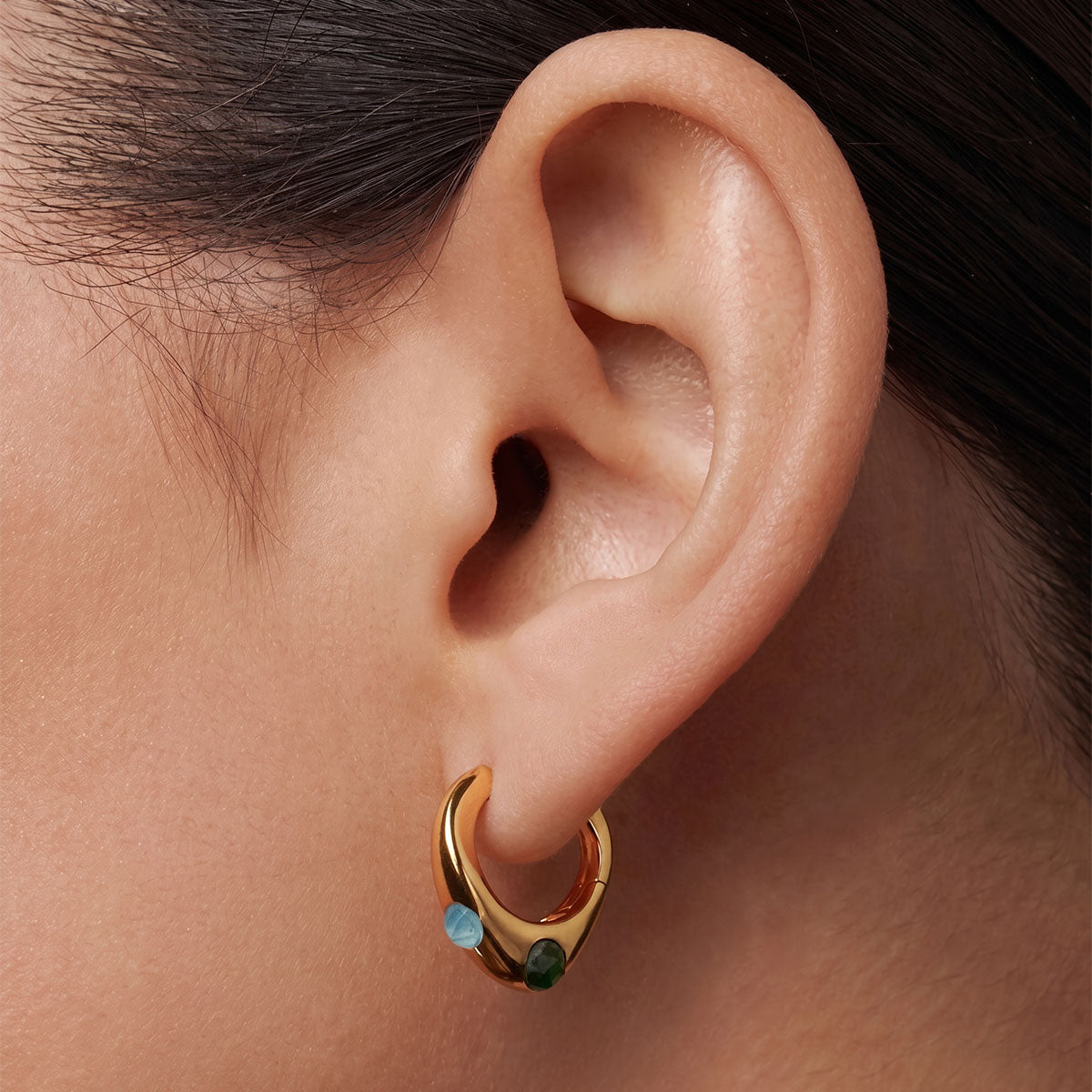 Multicolor Stone Organic Huggie Hoop Earrings - Gold