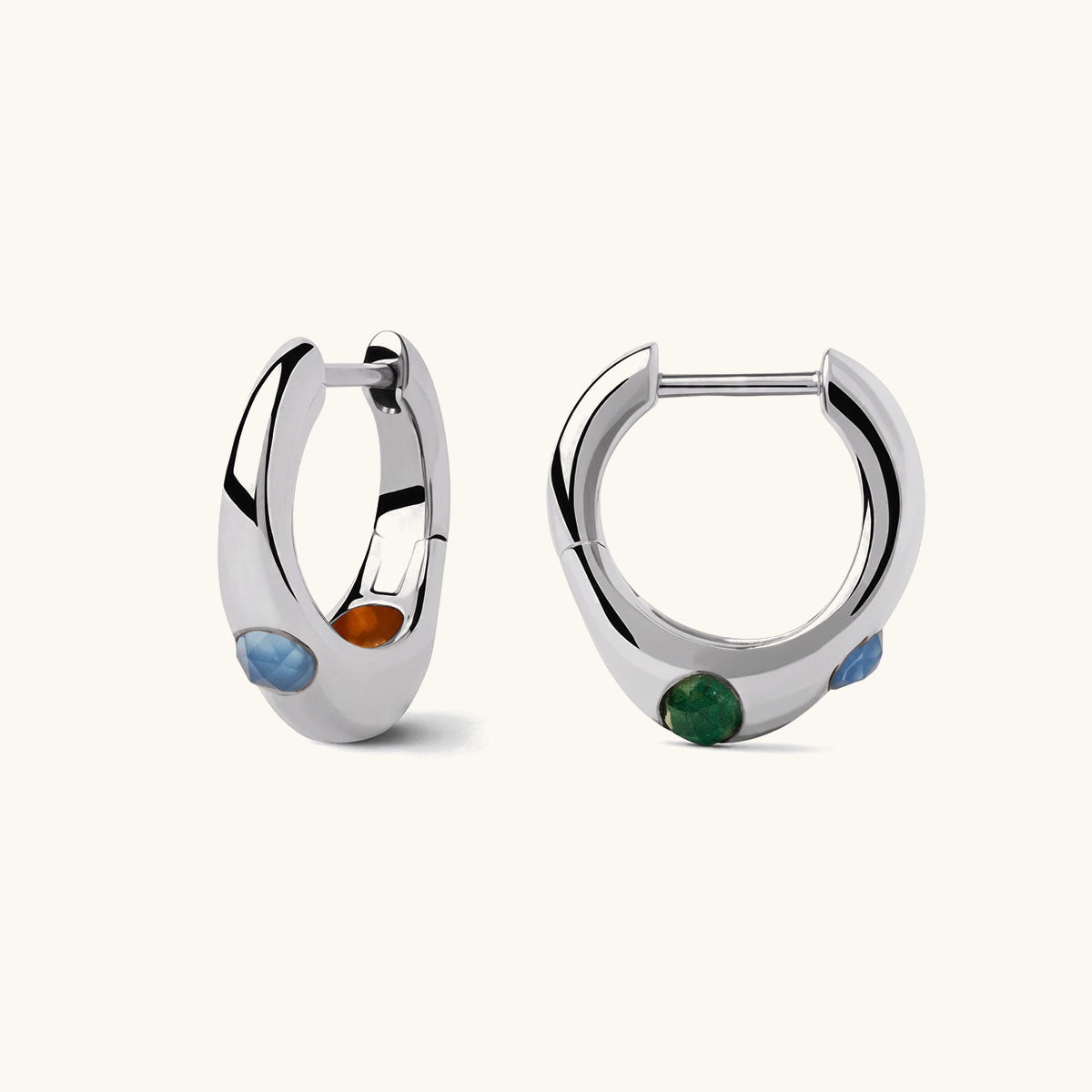 Multicolor Stone Organic Huggie Hoop Earrings - Silver