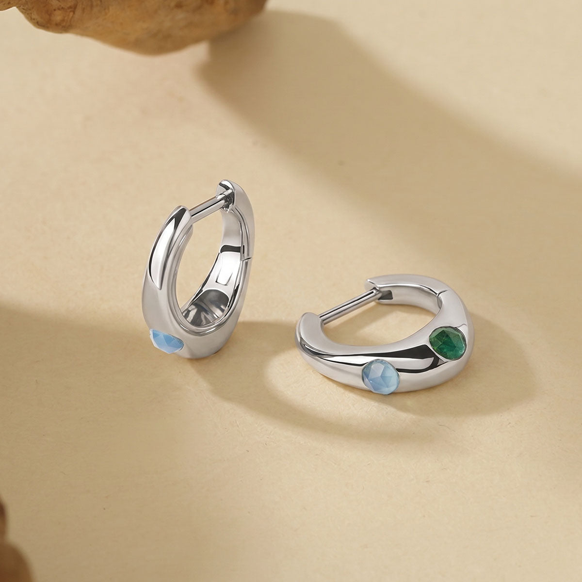 Multicolor Stone Organic Huggie Hoop Earrings - Silver