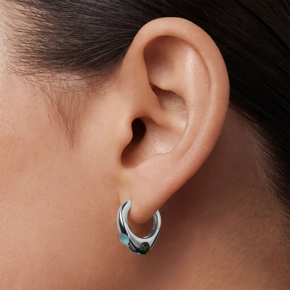 Multicolor Stone Organic Huggie Hoop Earrings - Silver