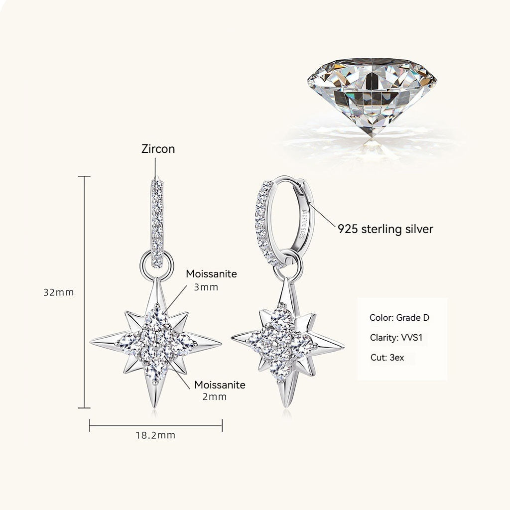 North Star Moissanite Drop Earrings - Silver