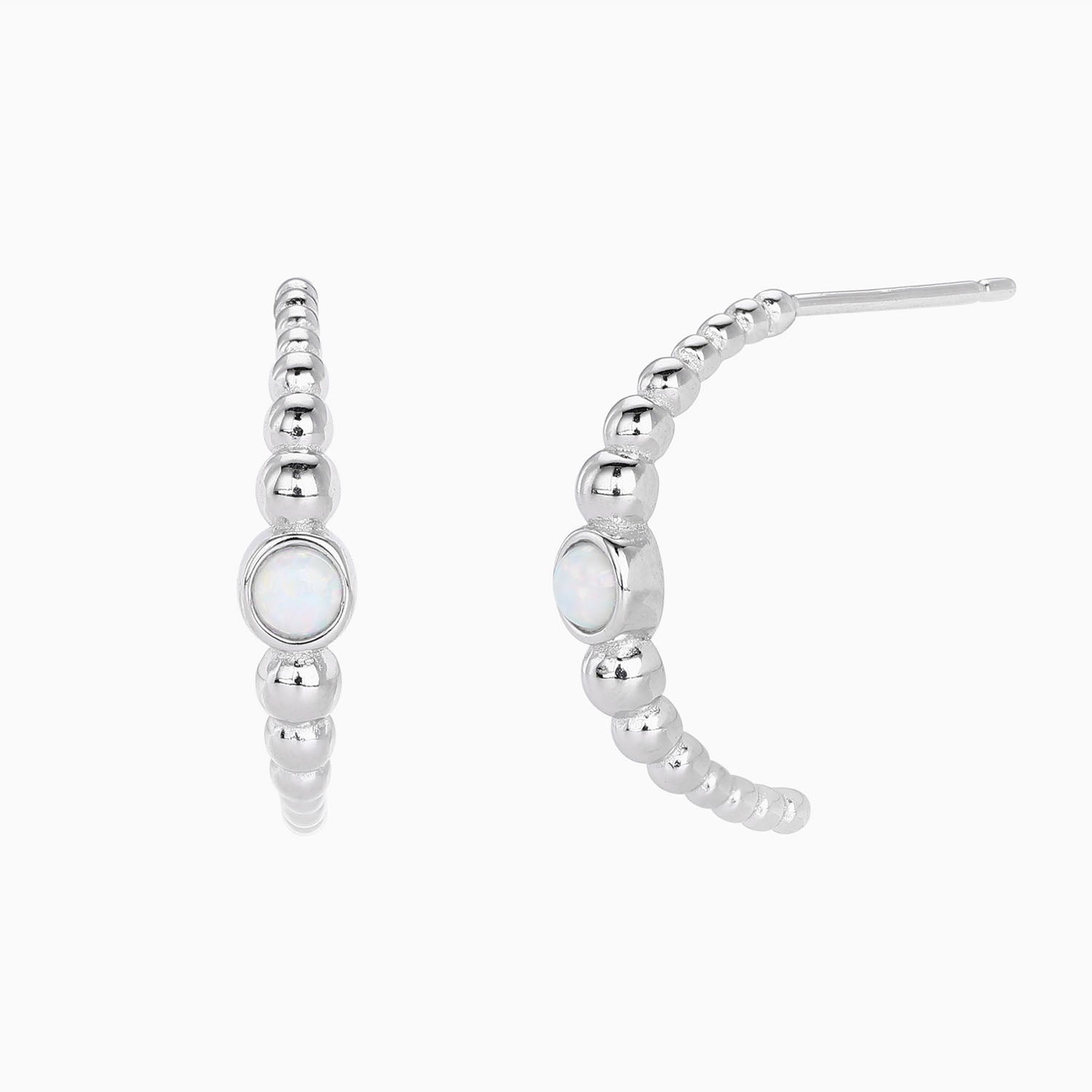 Opal Beaded C Hoop Earrings - Silver