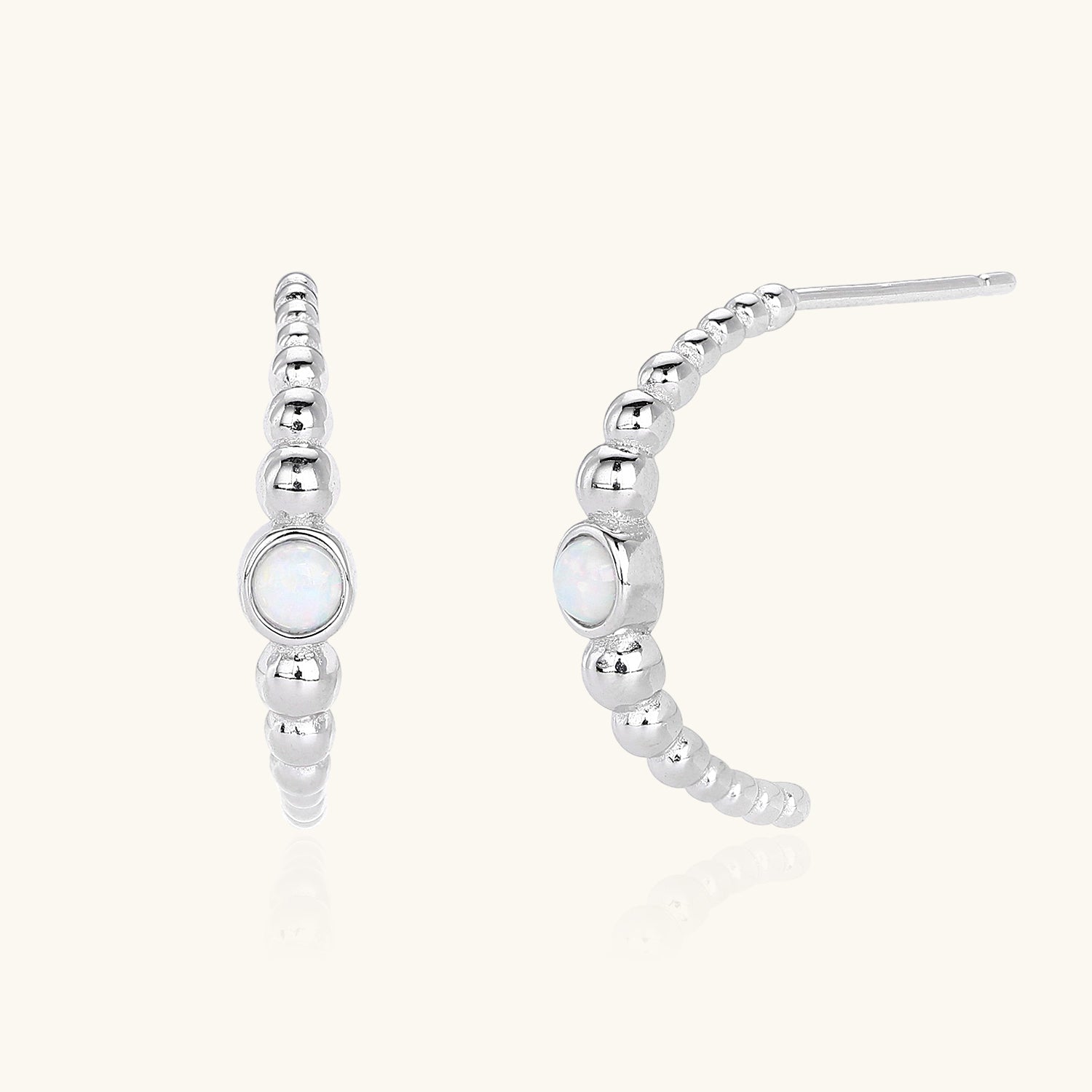 Opal Beaded C Hoop Earrings - Silver