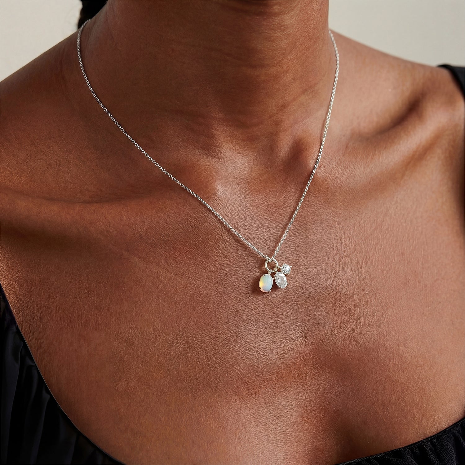 Opal Three Stone Pendant Necklace - Silver