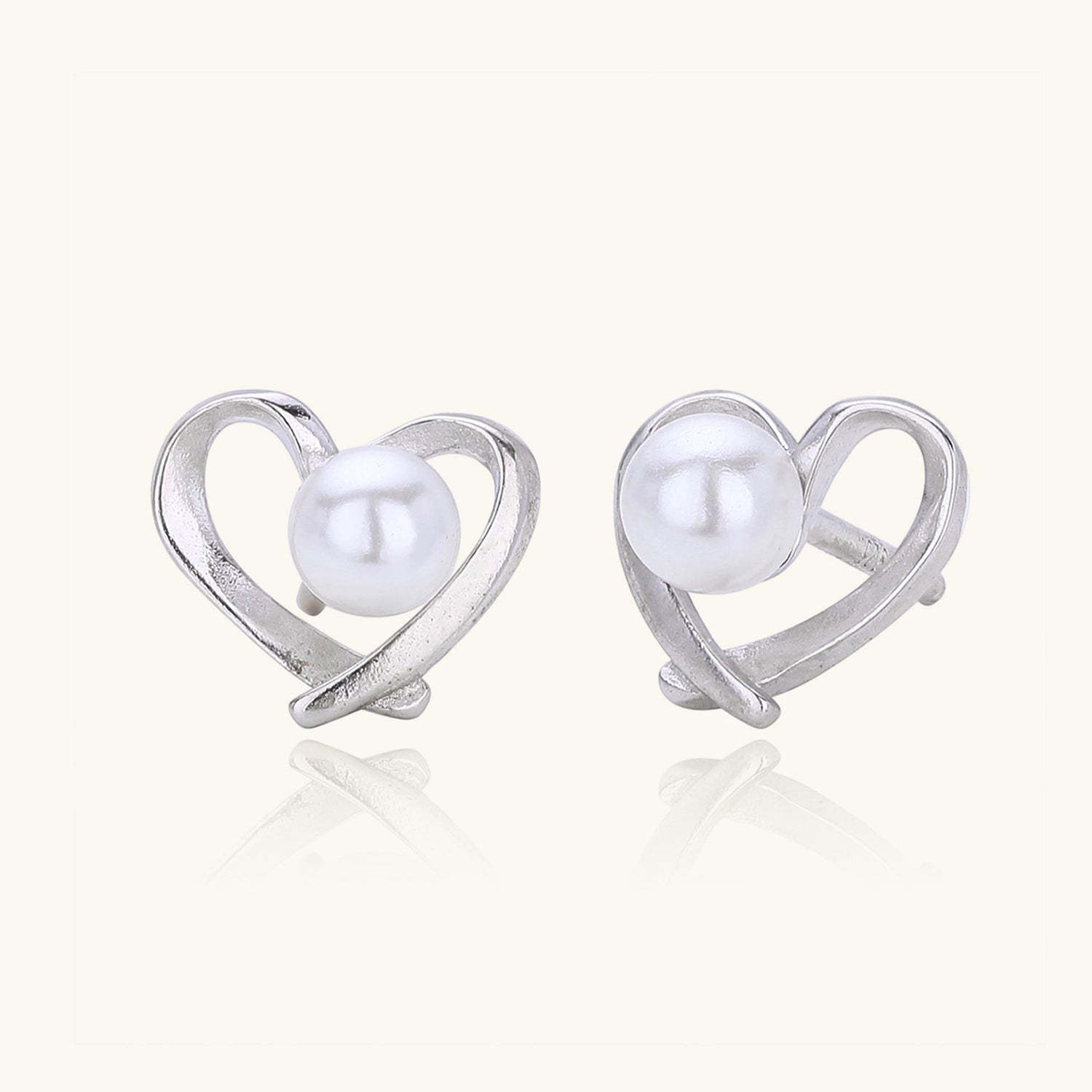 Open Heart Pearl Stud Earrings - Silver