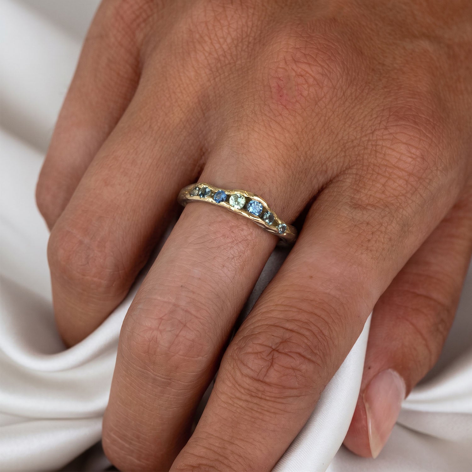 Organic Blue & Green Multi Stone Open Ring - Gold