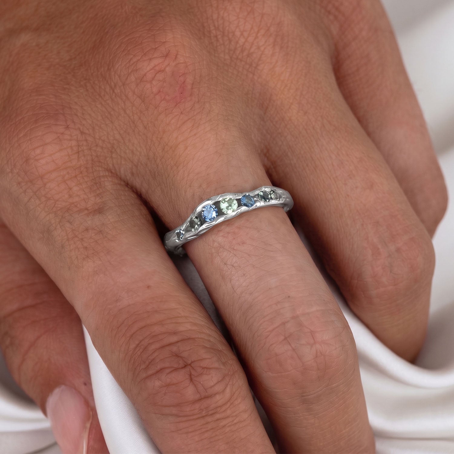 Organic Blue & Green Multi Stone Open Ring - Silver