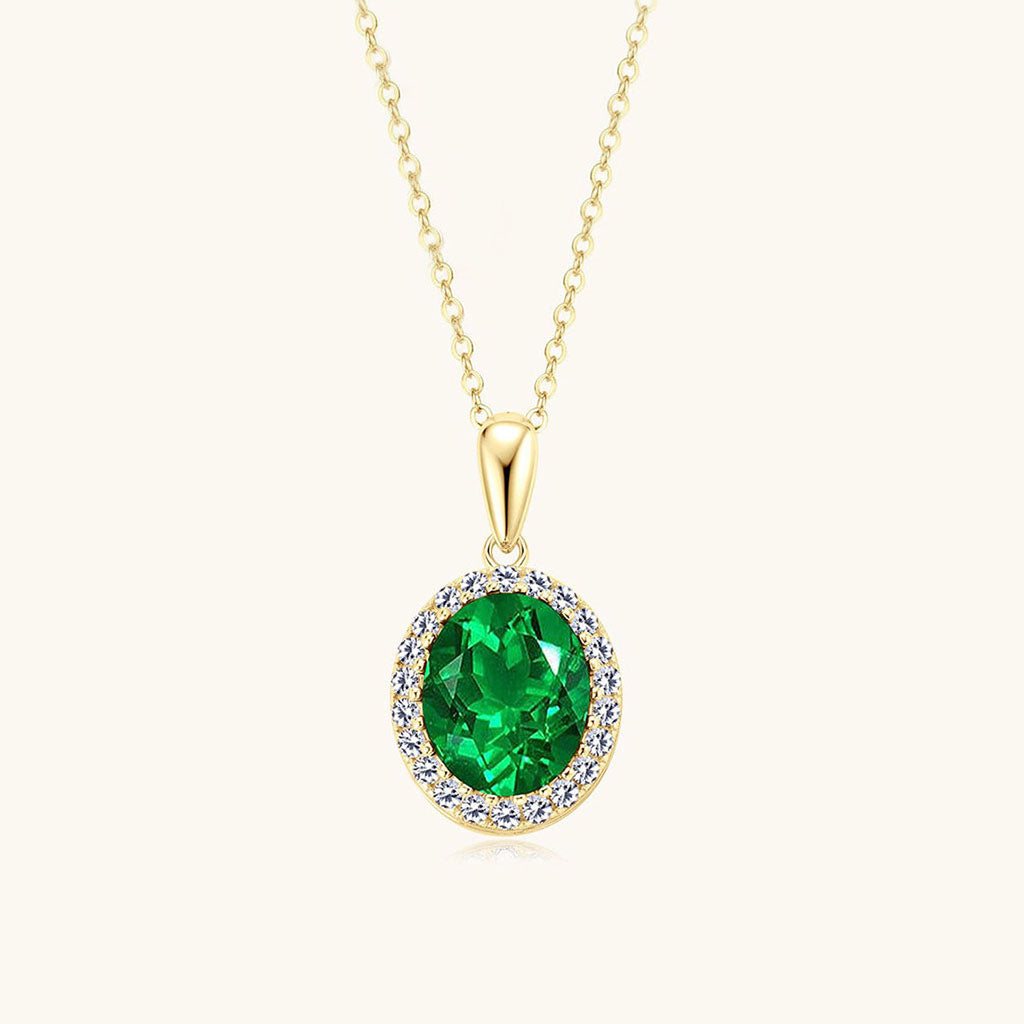 Oval Emerald Diamond Halo Necklace - Gold