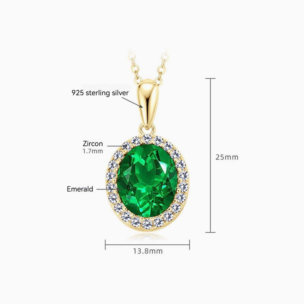 Oval Emerald Diamond Halo Necklace - Gold