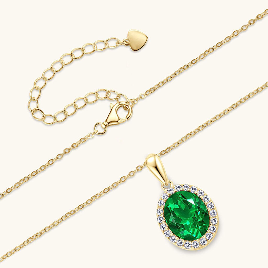 Oval Emerald Diamond Halo Necklace - Gold