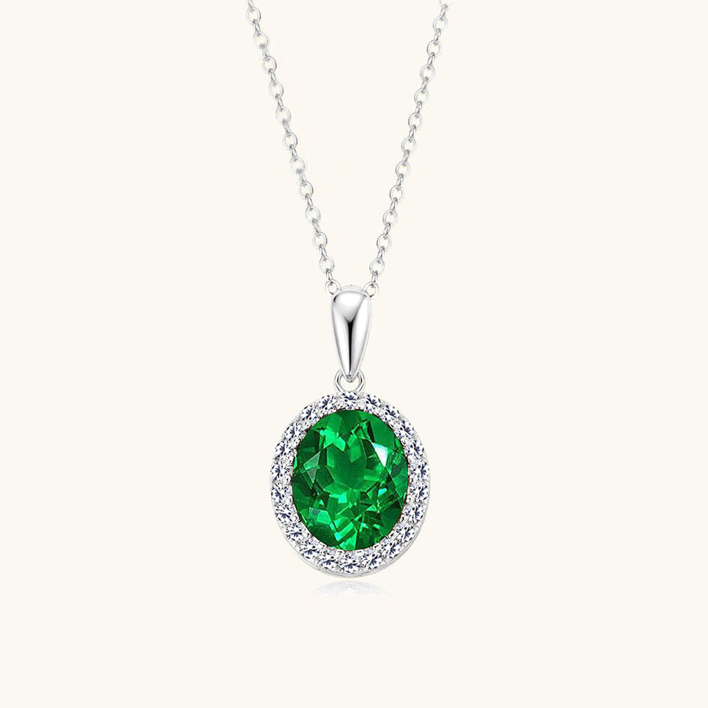 Oval Emerald Diamond Halo Necklace - Silver