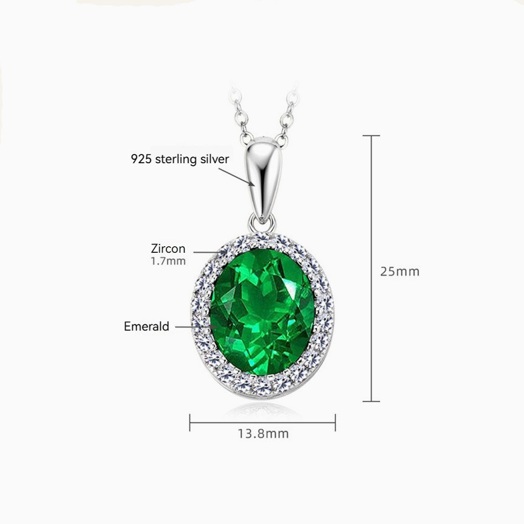 Oval Emerald Diamond Halo Necklace - Silver