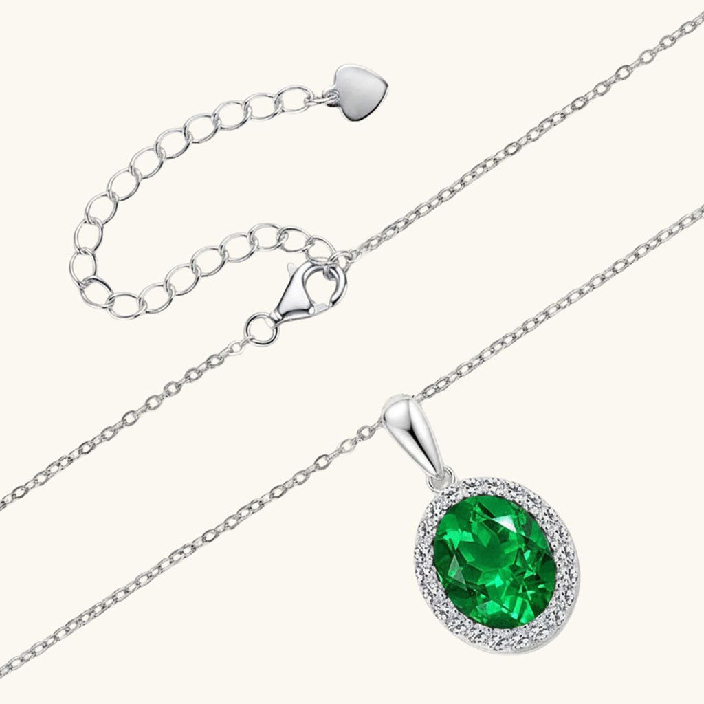 Oval Emerald Diamond Halo Necklace - Silver