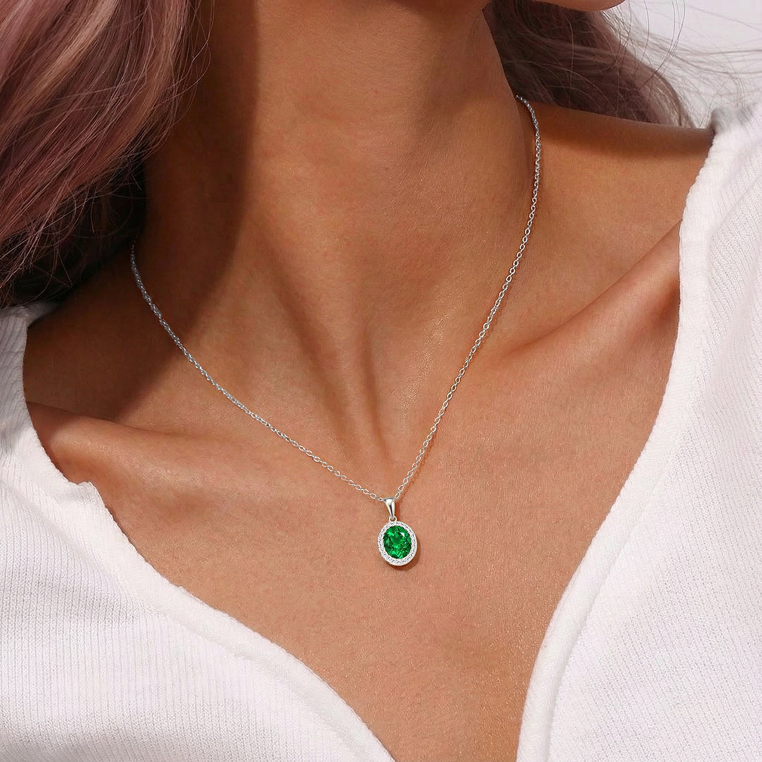 Oval Emerald Diamond Halo Necklace - Silver