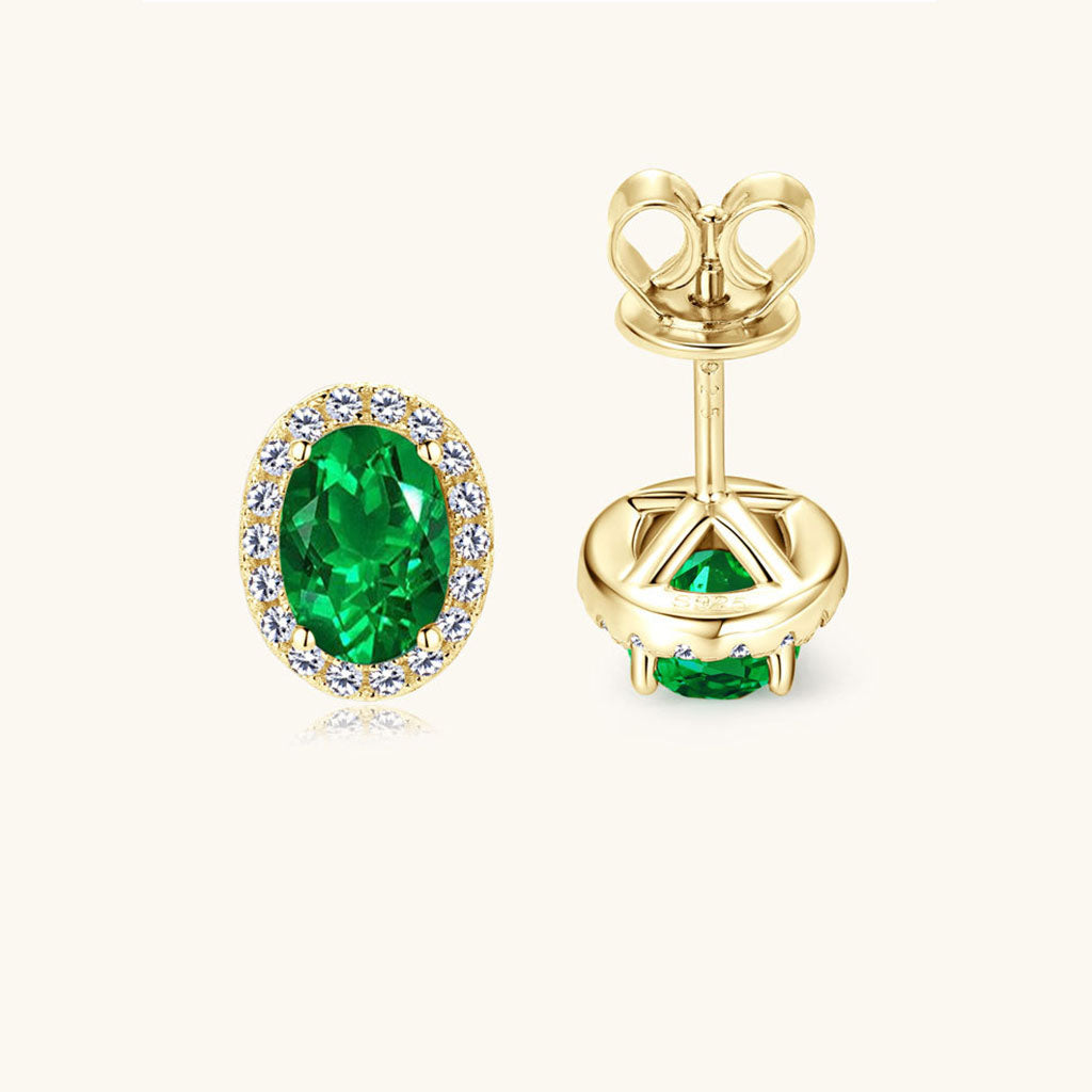 Oval Emerald Diamond Halo Stud Earrings - Gold