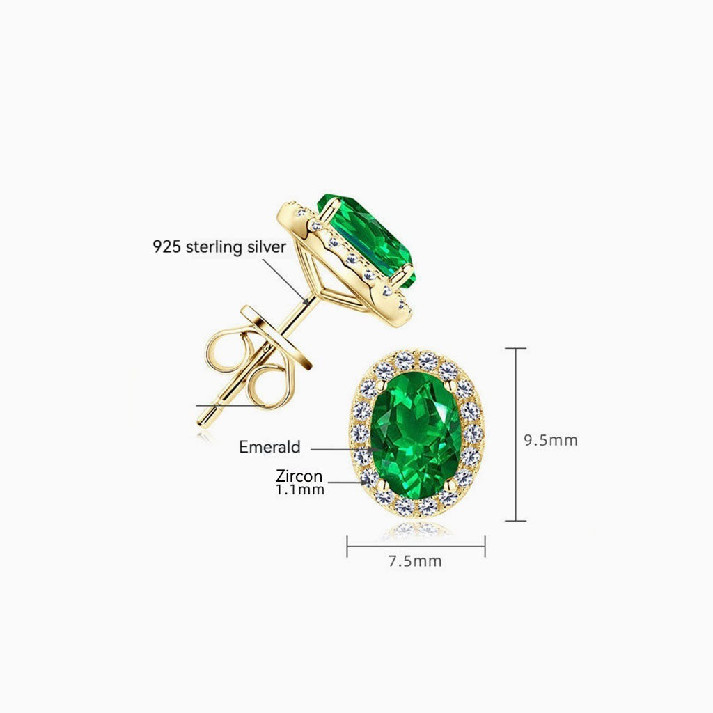 Oval Emerald Diamond Halo Stud Earrings - Gold