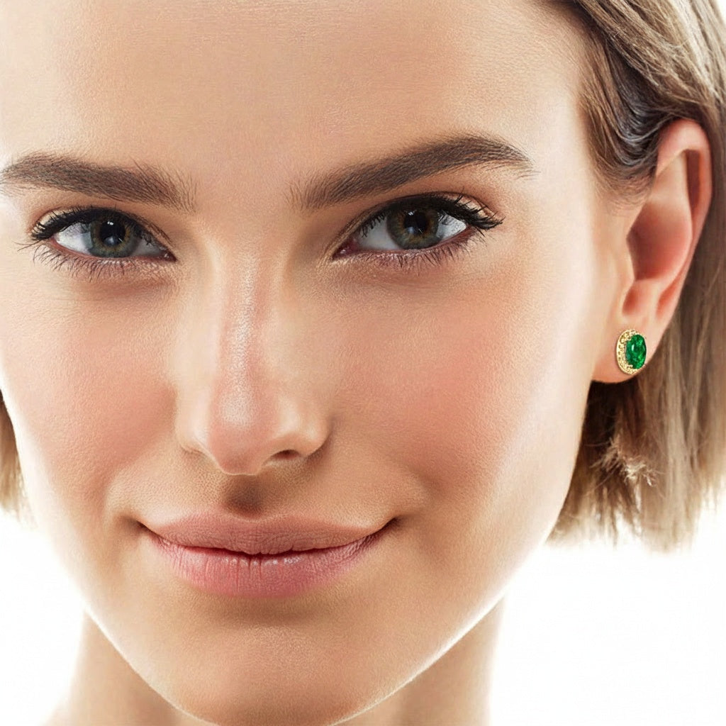 Oval Emerald Diamond Halo Stud Earrings - Gold