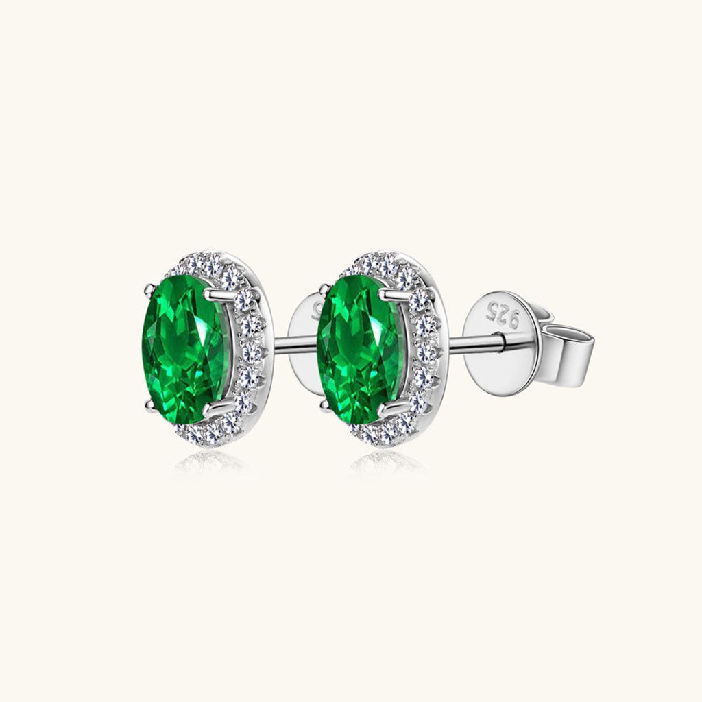 Oval Emerald Diamond Halo Stud Earrings - Silver