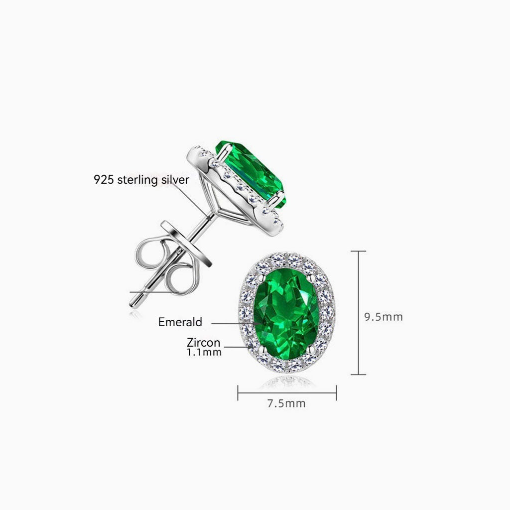 Oval Emerald Diamond Halo Stud Earrings - Silver