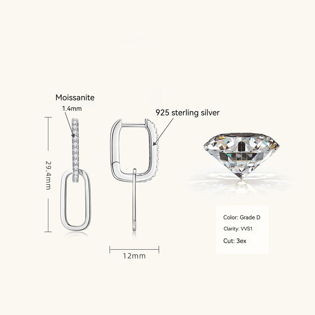 Paperclip Link Moissanite Drop Earrings - Silver