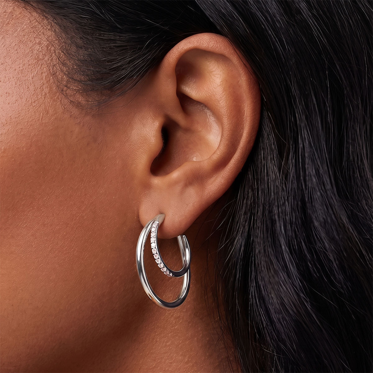 Pavé Double Hoop Illusion Earrings - Silver
