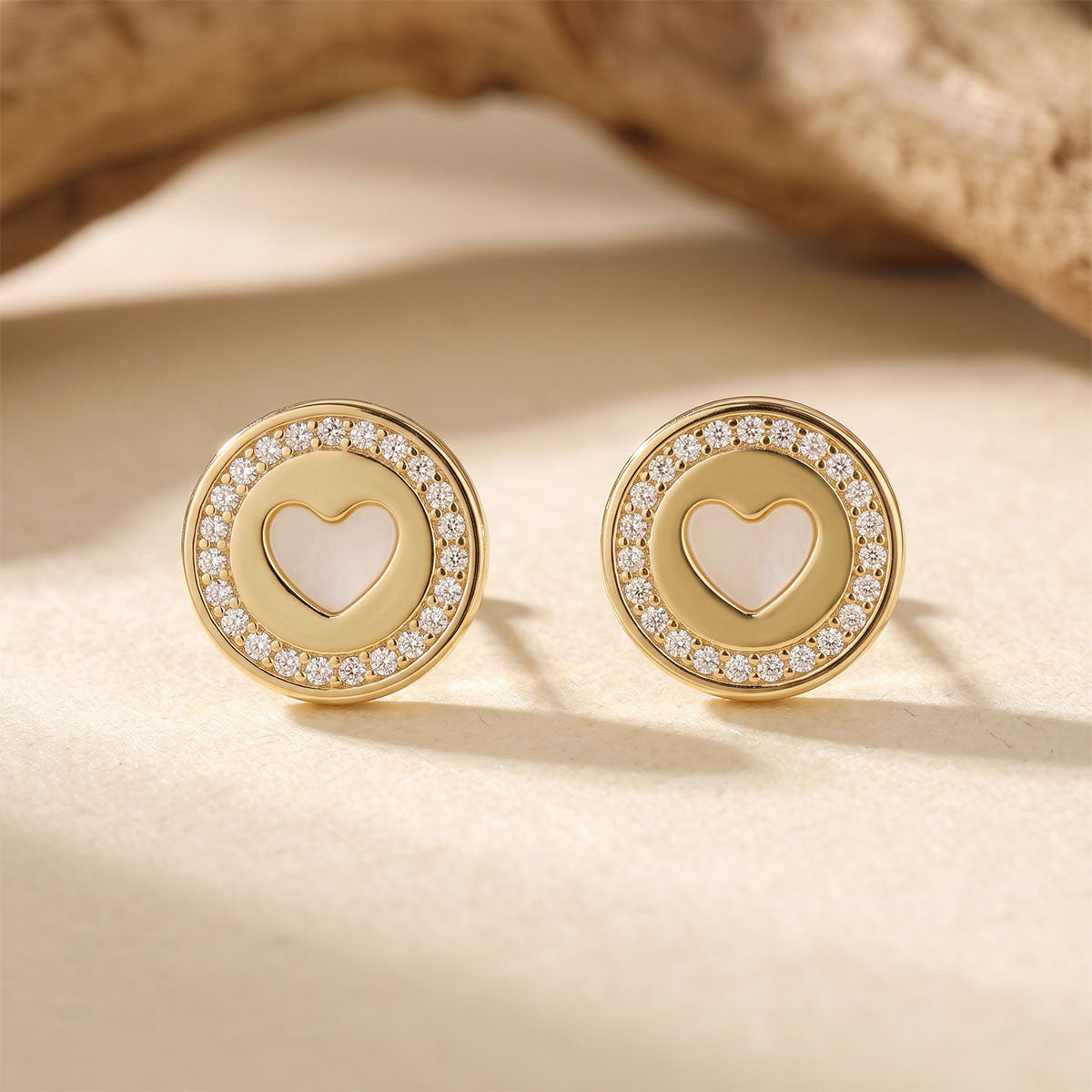 Pavé Embossed Heart Medallion Stud Earrings - Gold