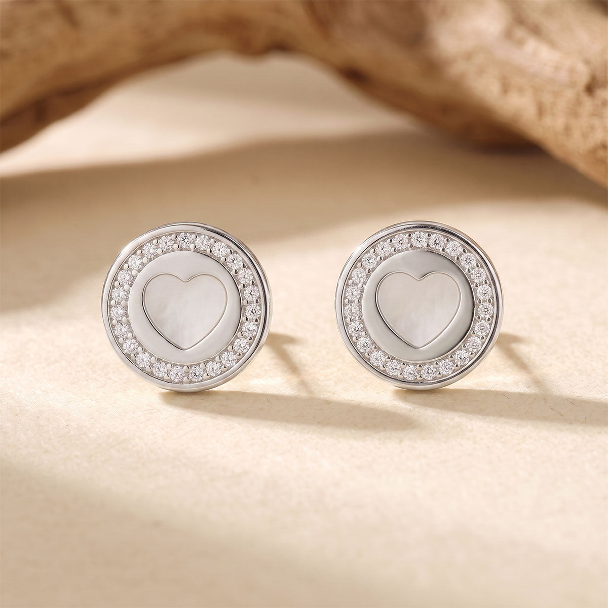 Pavé Embossed Heart Medallion Stud Earrings - Silver