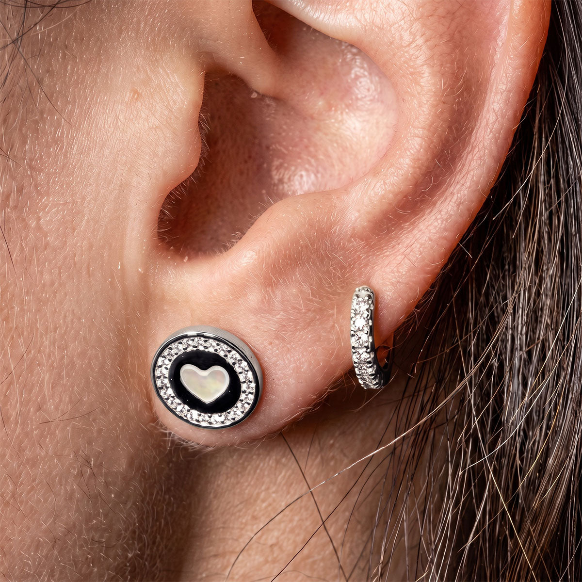 Pavé Embossed Heart Medallion Stud Earrings - Silver