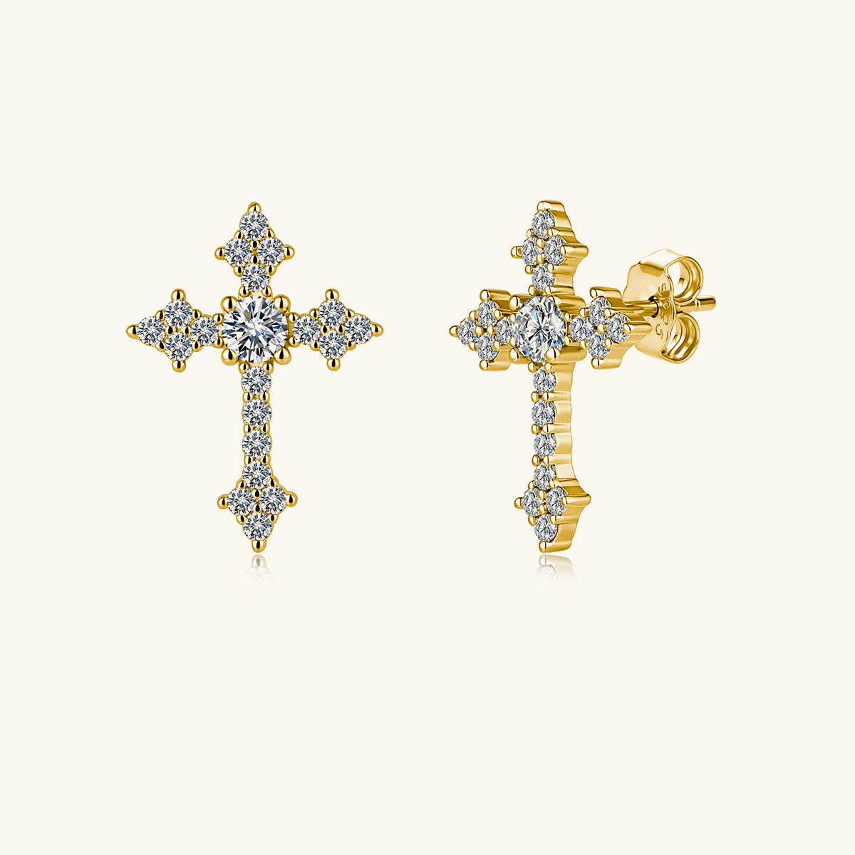 Pavé Moissanite Cross Stud Earrings - Gold